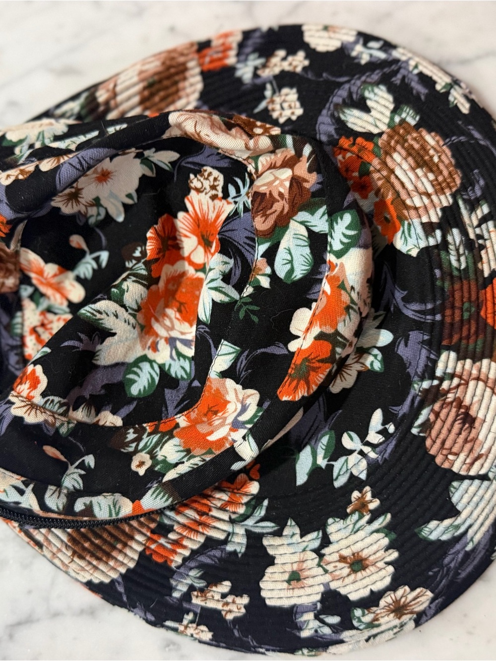 Floral Wide-Brim Sun Hat - Black with Orange & Cream Flowers